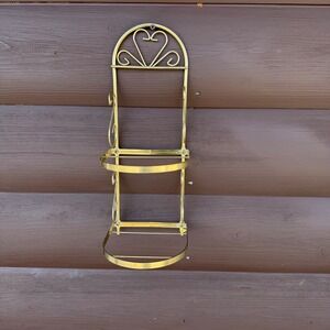 Vintage Two Tier Wall Shelf Gold Metal Heart Scrollwork Small Towel Rag Rack